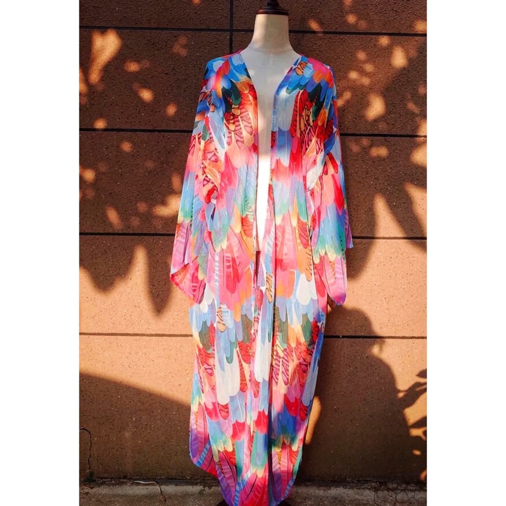 Bohemian Rainbow Feathers Kimono Beach Coverup - Picture 5 of 12